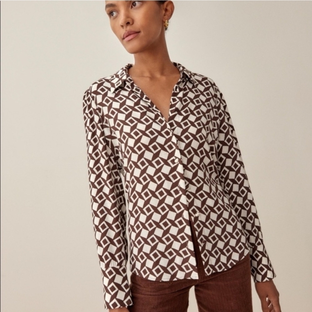 Reformation Trina Top Tiles Brown White Patterned Medium Long Sleeve Blouse